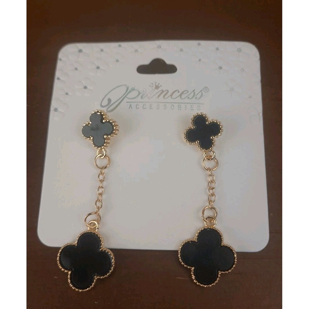 Princess Accessories Elegant Gold Tone Black Clover Dangle Pierced Earrings 2"